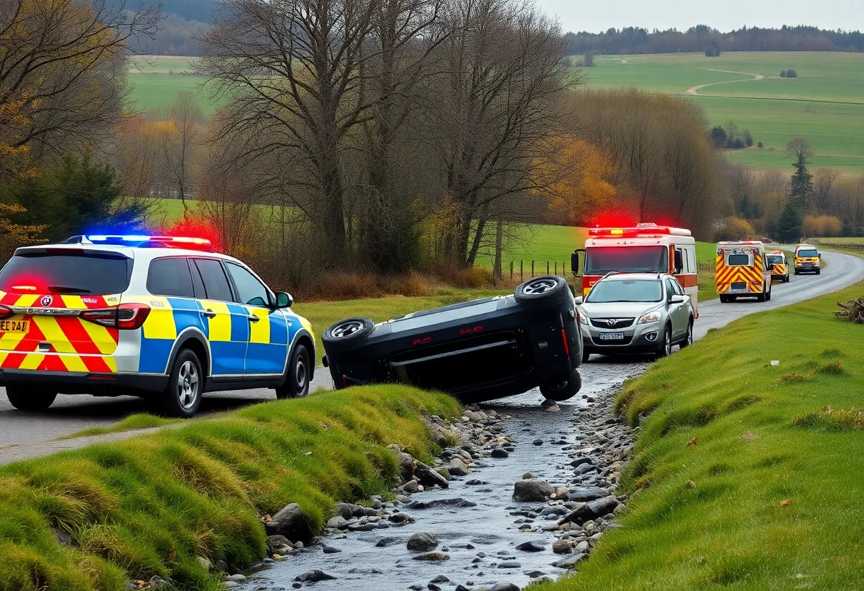 Emergency responders working at the site of a vehicle accident in a creek