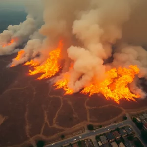 Aerial view of wildfires in the mountains of Los Angeles