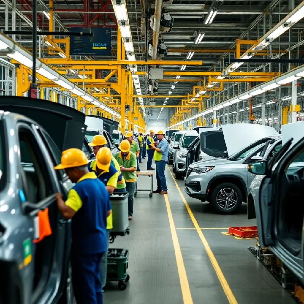 Workers at Mazda Toyota Manufacturing facility assembling vehicles