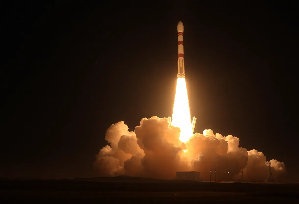 A heavy-lift rocket taking off with a bright plume of smoke.