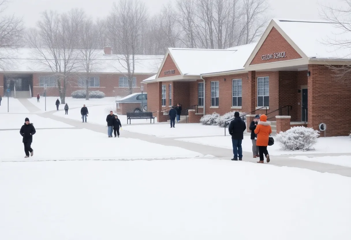 Snow-covered school in North Alabama during winter storm