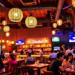 Interior of Phat Sammy's featuring a lively dining atmosphere and tiki bar decor