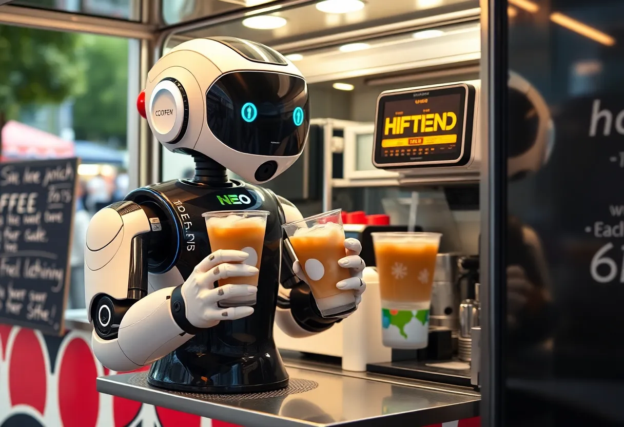 Coffee-making robot named Mary serving iced beverages in a food truck.