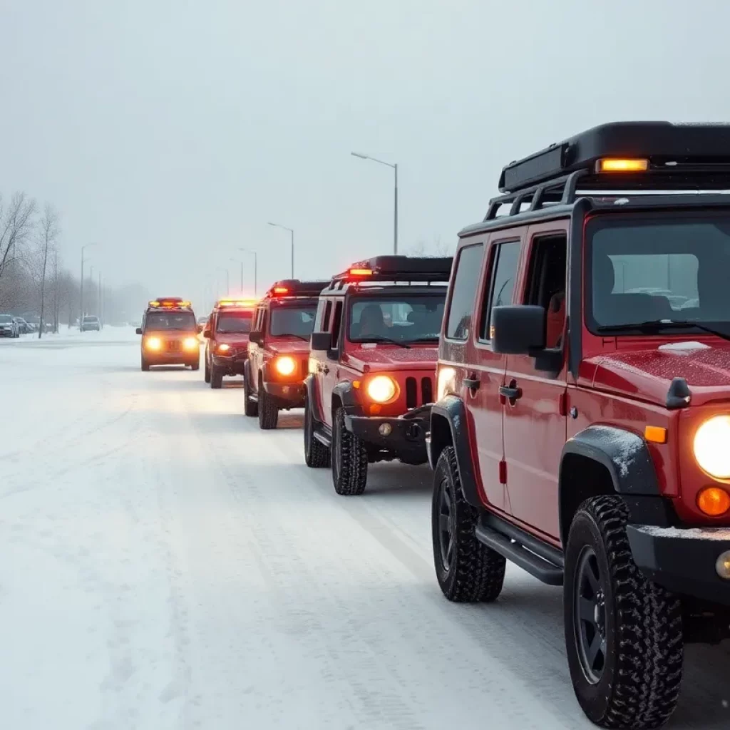 Off-road vehicles offering rides to healthcare workers in snowy Huntsville