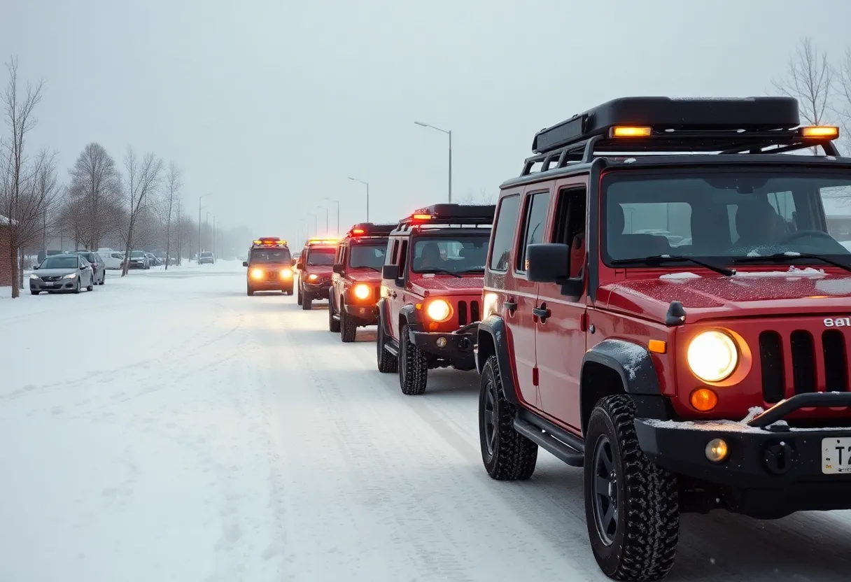 Off-road vehicles offering rides to healthcare workers in snowy Huntsville