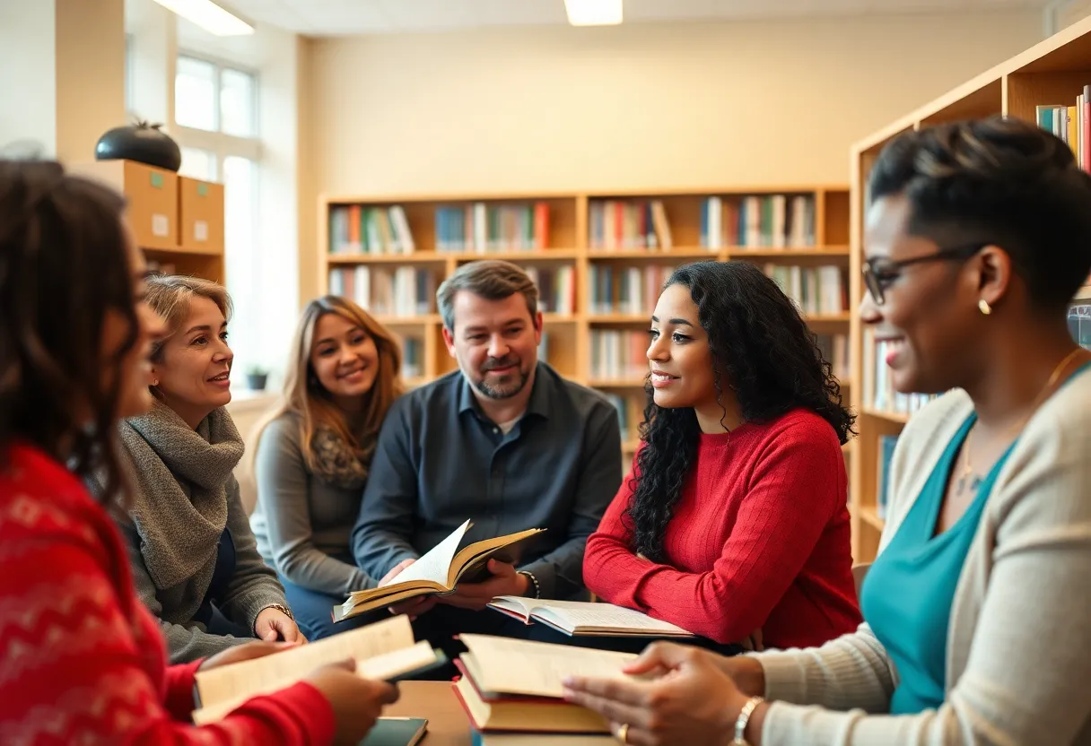 Diverse adults participating in a spring learning event at a library in Huntsville.