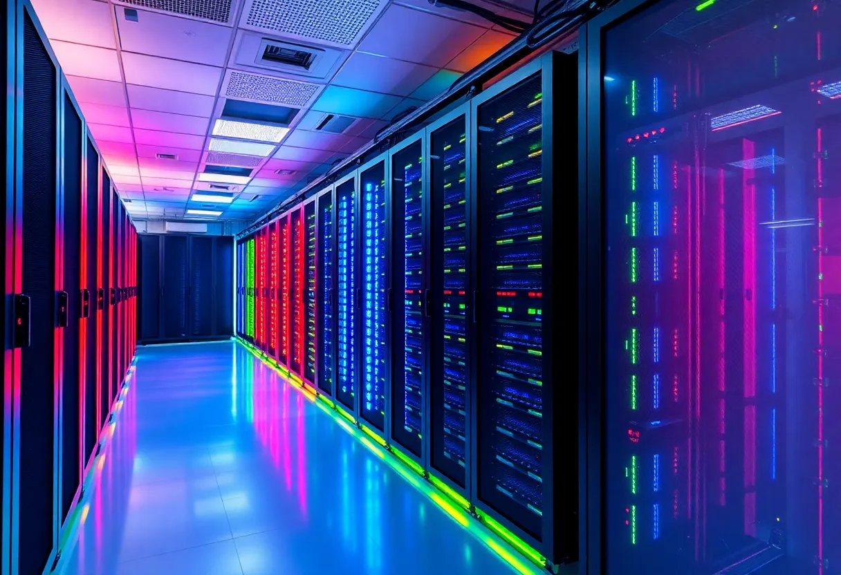 Interior view of a high-performance computing data center with multiple server racks.