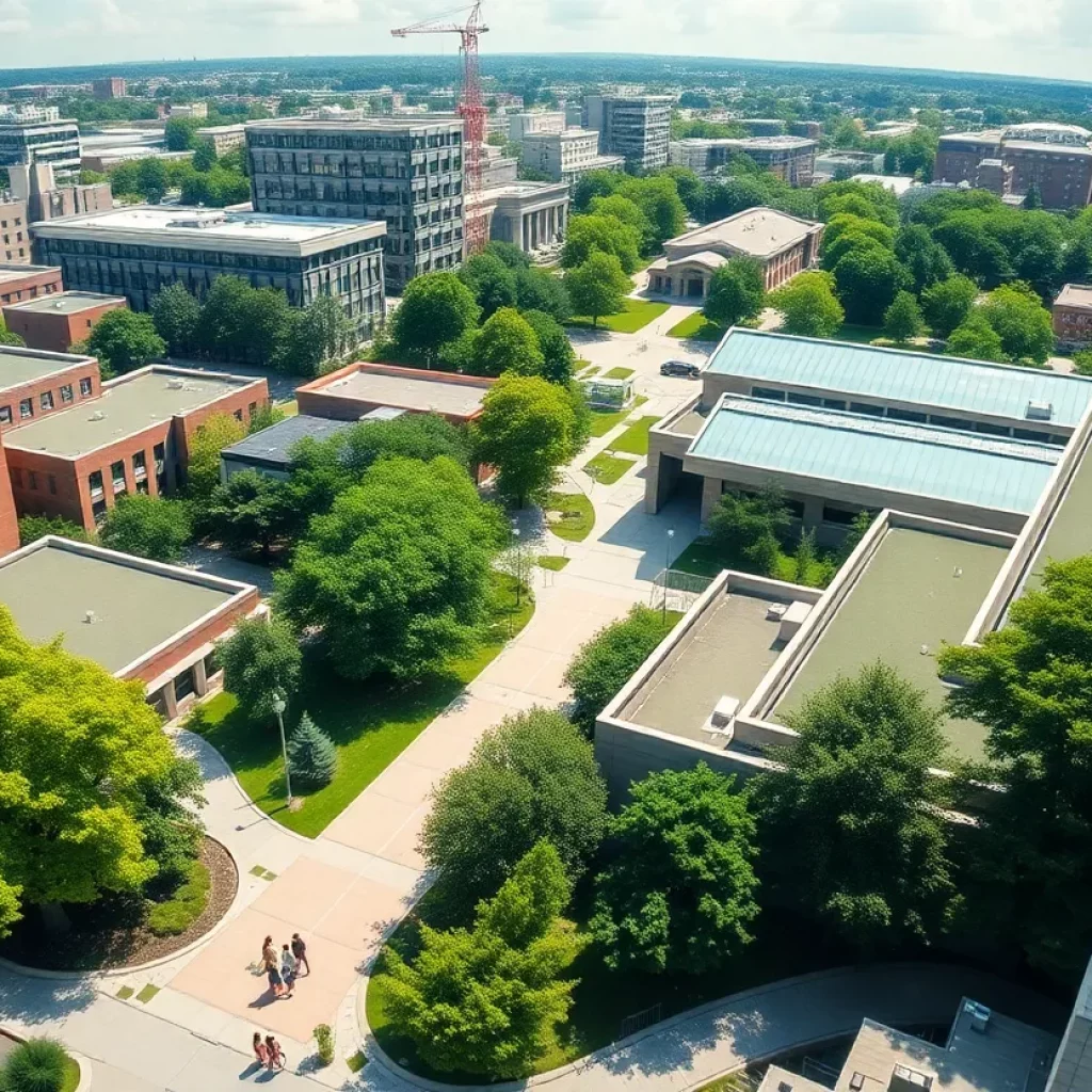 Aerial view of University of Alabama campus with new buildings