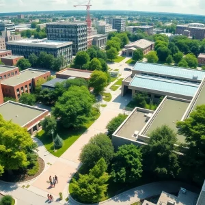 Aerial view of University of Alabama campus with new buildings