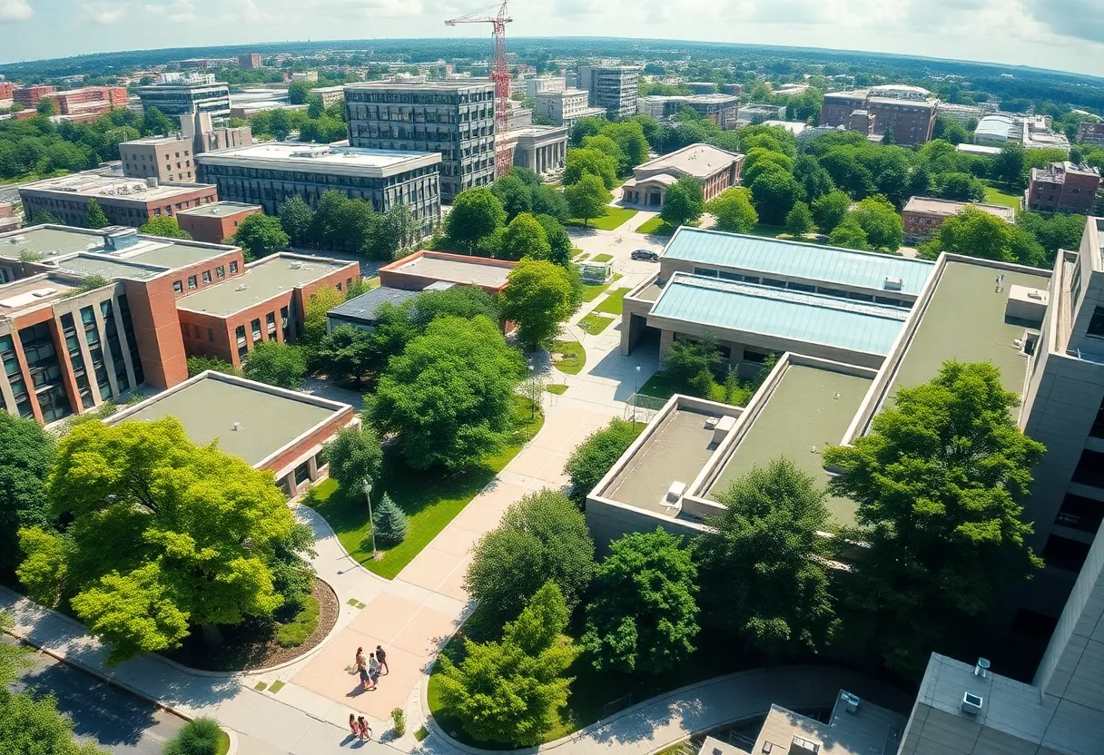 Aerial view of University of Alabama campus with new buildings