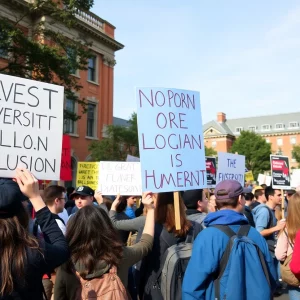 Protesters advocating for diversity and inclusion at a university