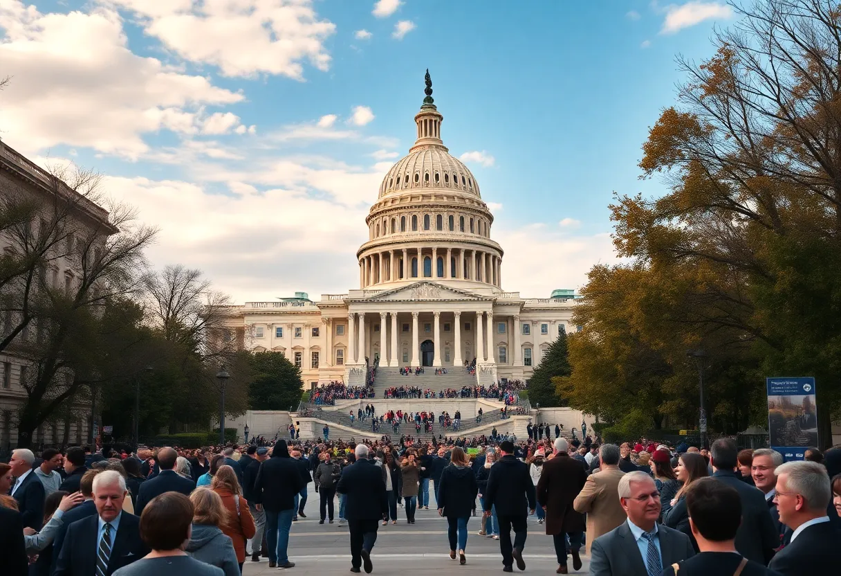 U.S. Capitol building with representatives arriving for the new Congress session.
