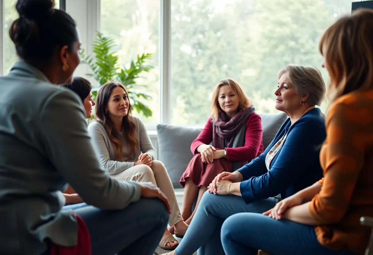 Women veterans participating in a support group meeting for PTSD