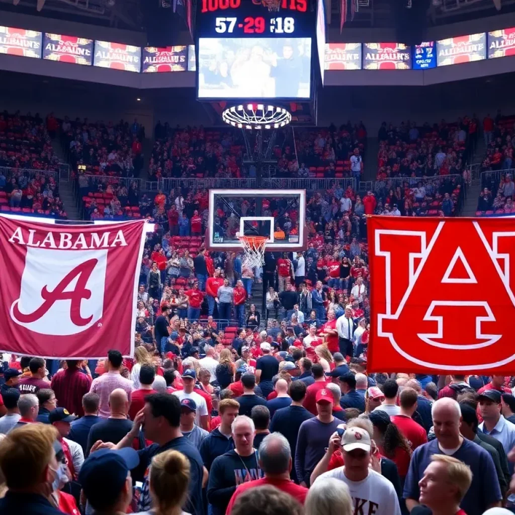 Fans cheering for Alabama and Auburn basketball teams