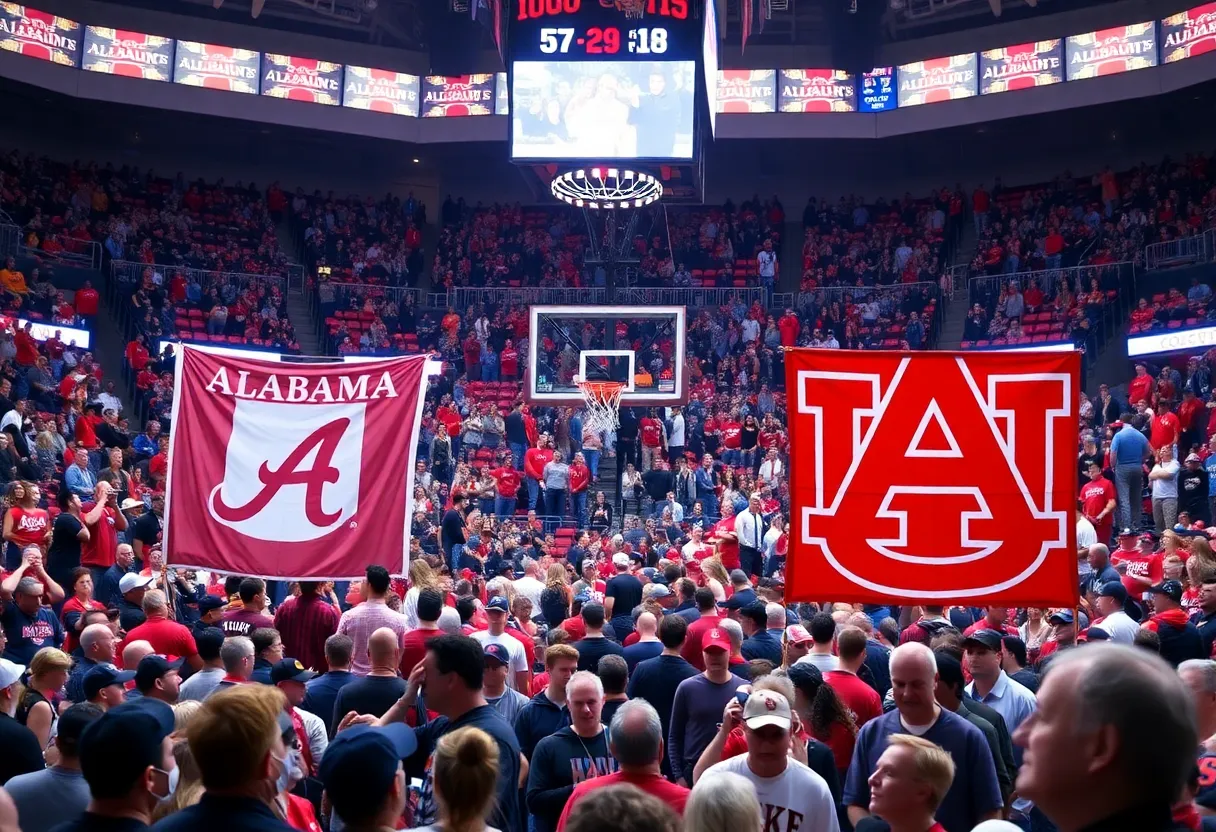 Fans cheering for Alabama and Auburn basketball teams
