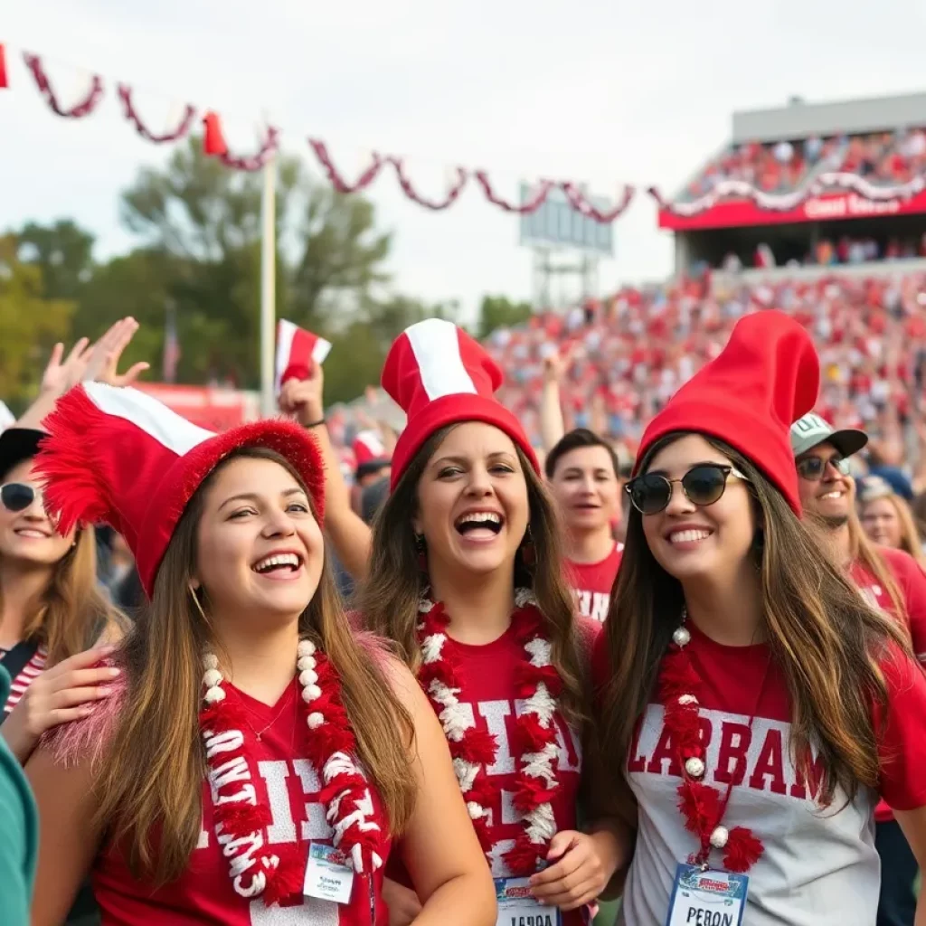 Crowd celebrating Alabama homecoming with team colors