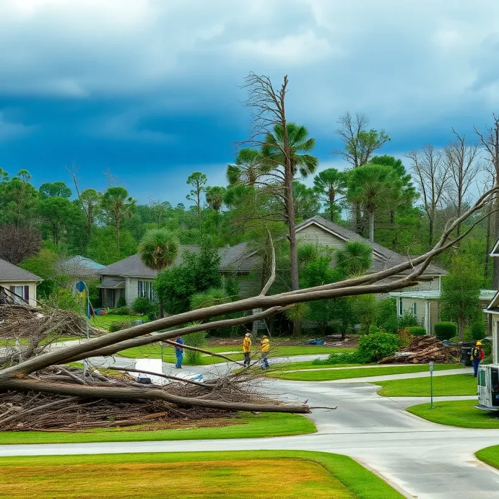 Destruction from tornadoes in Alabama, showing damaged homes and downed trees.