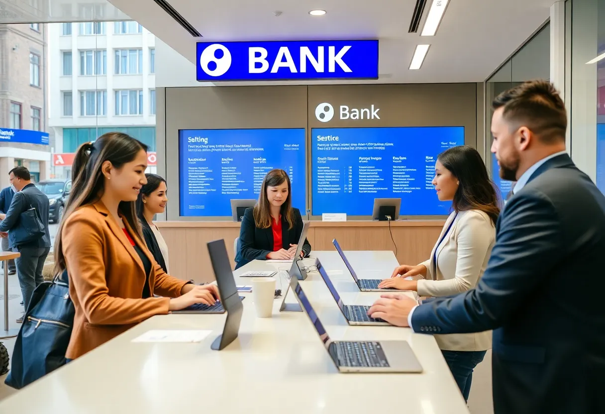 Bank47 headquarters in Huntsville with customers receiving concierge banking services.