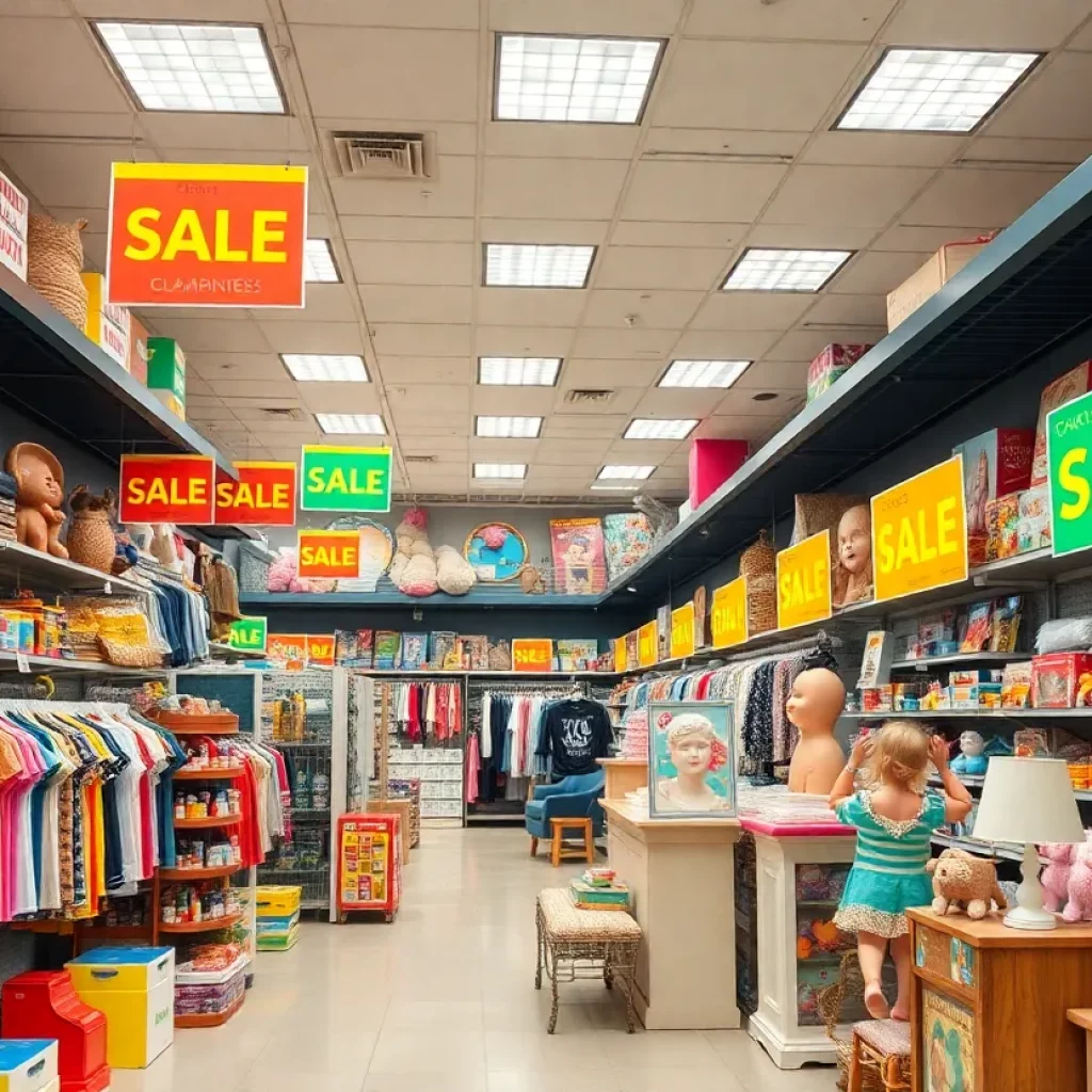 Bargain Hunt store with clearance sale signs and various merchandise