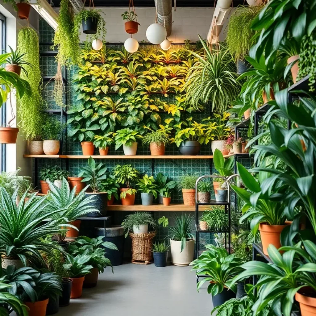 Interior of Botanica plant shop showcasing various plants and a grow wall.
