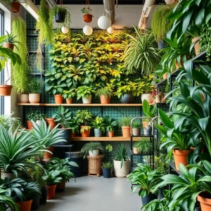 Interior of Botanica plant shop showcasing various plants and a grow wall.