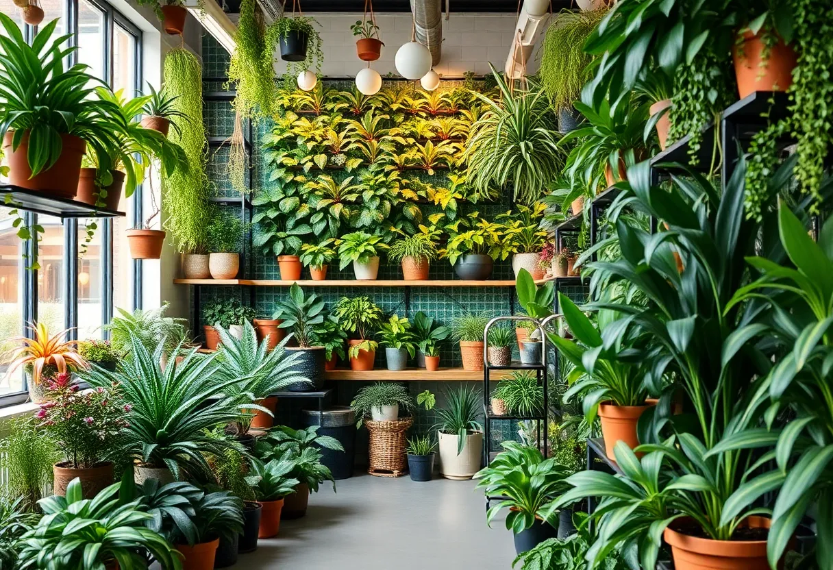 Interior of Botanica plant shop showcasing various plants and a grow wall.