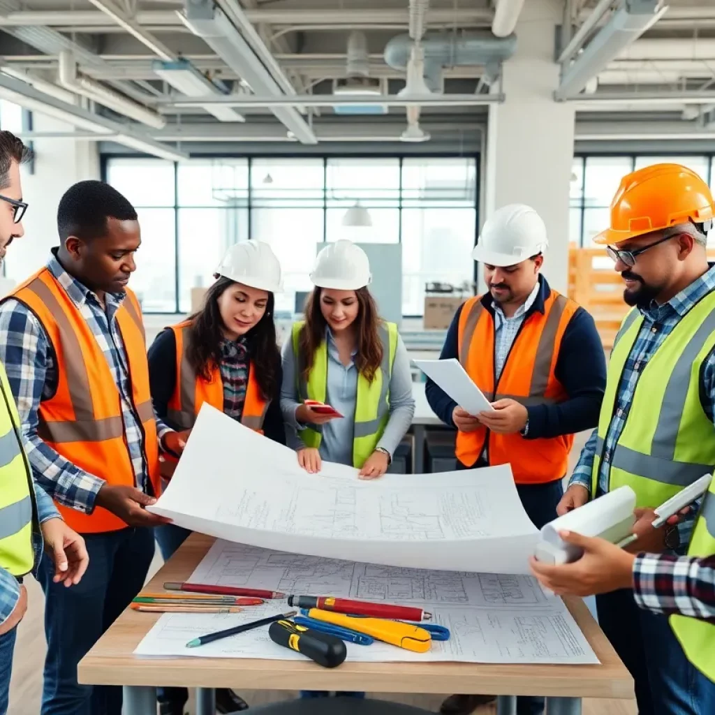 Construction management professionals collaborating with blueprints and tools