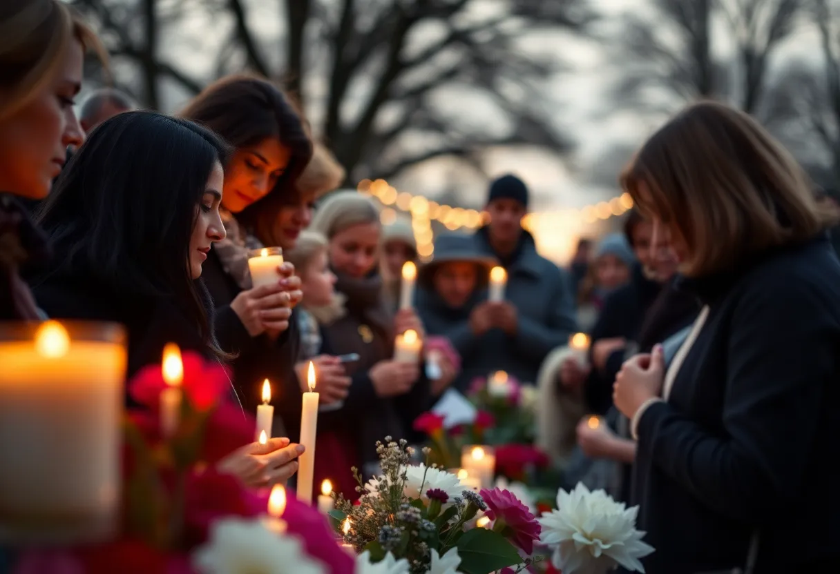 Community members gather with candles for remembrance of shooting victims.