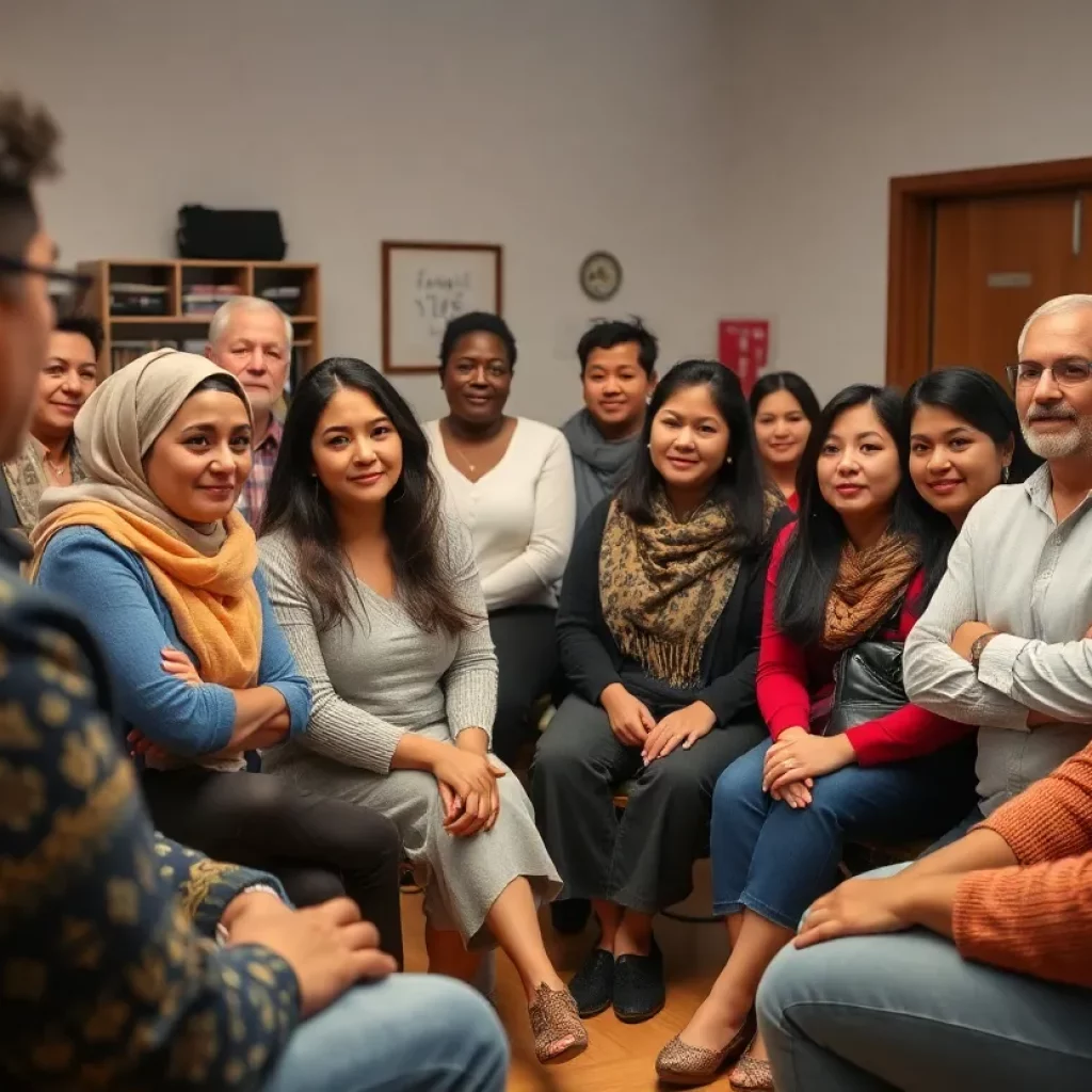 Diverse refugee community members discussing support in Alabama