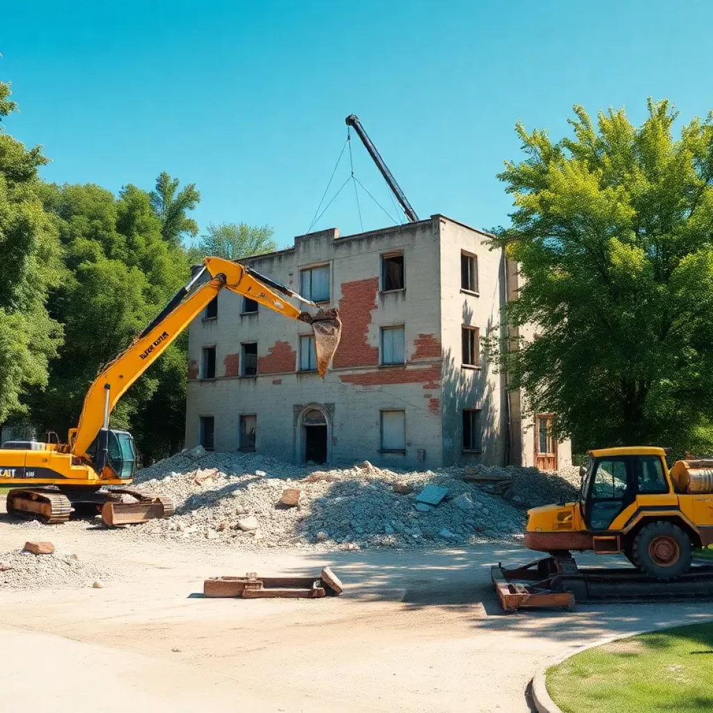 Demolition site of old Huntsville City Hall with surrounding greenery