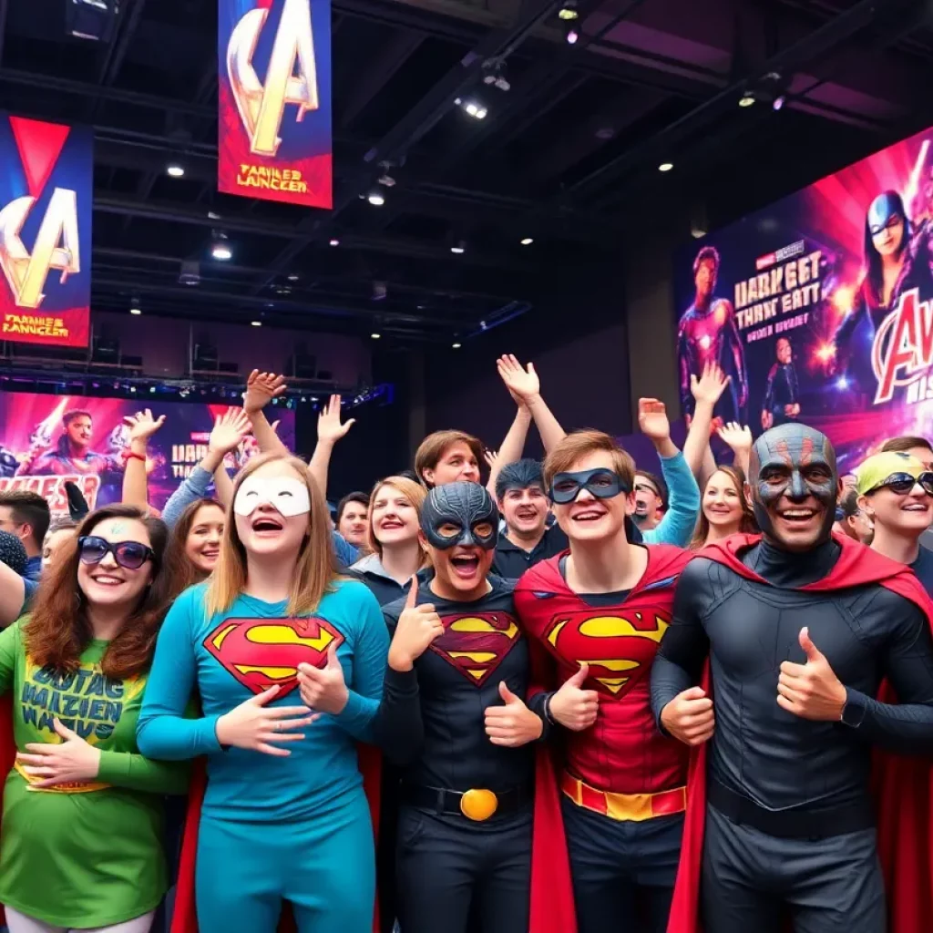 Excited fans in superhero costumes at a movie trailer launch