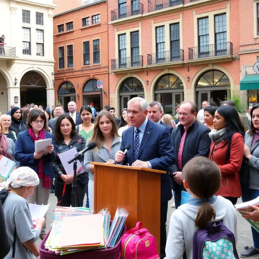 Press conference announcing Free 2 Teach expansion with educators and supplies