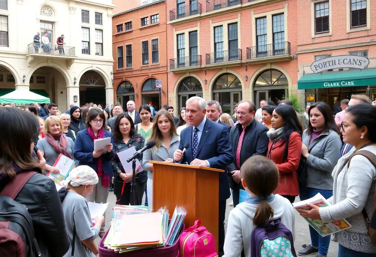 Press conference announcing Free 2 Teach expansion with educators and supplies