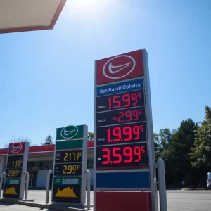 Gas station with gas prices displayed in Alabama
