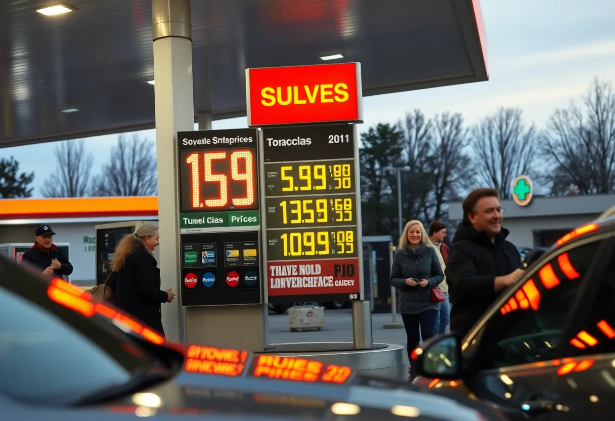 People filling up their vehicles at a gas station with reduced prices