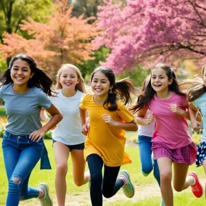 Young girls participating in the Girls on the Run program running in a park.