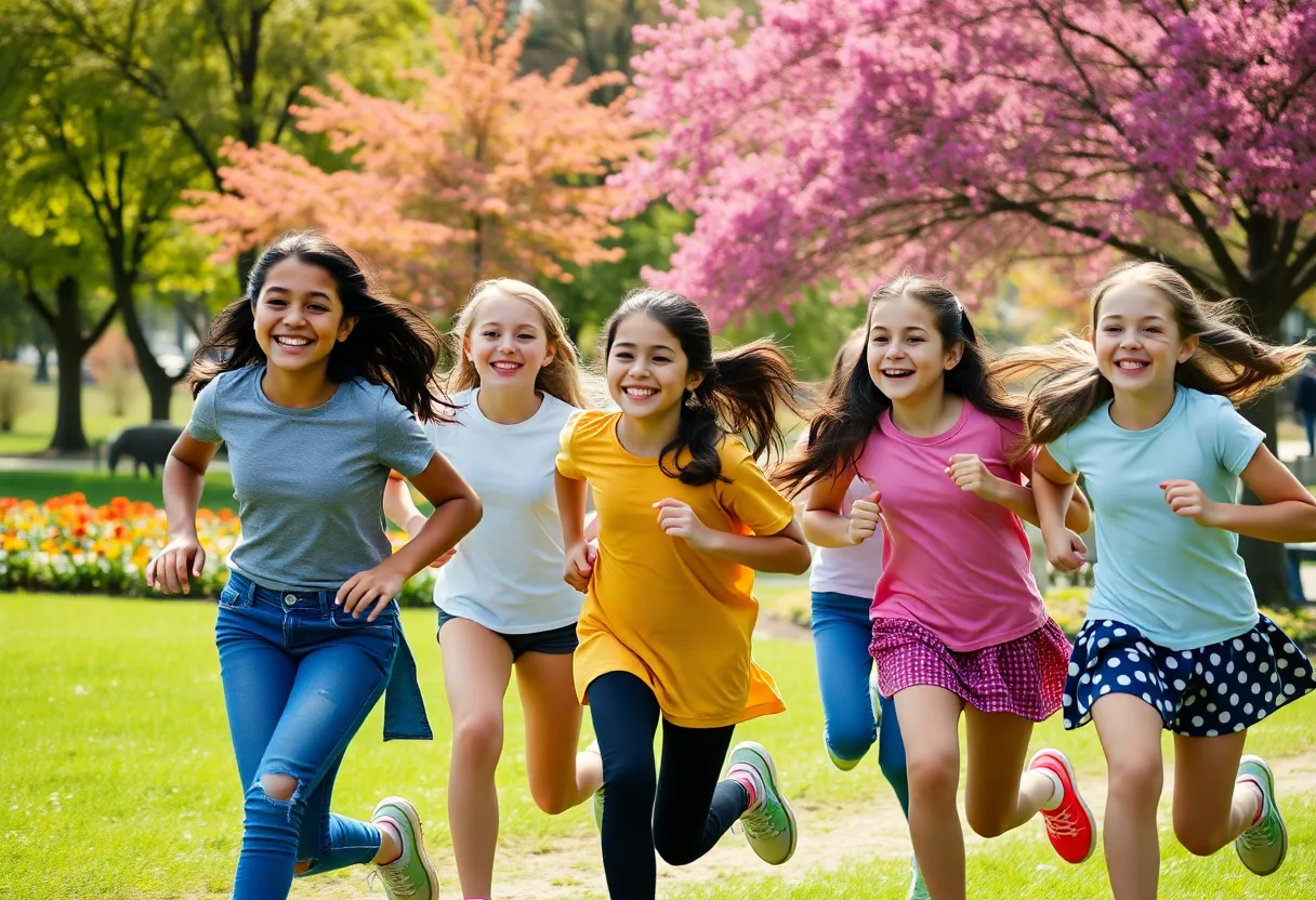 Young girls participating in the Girls on the Run program running in a park.