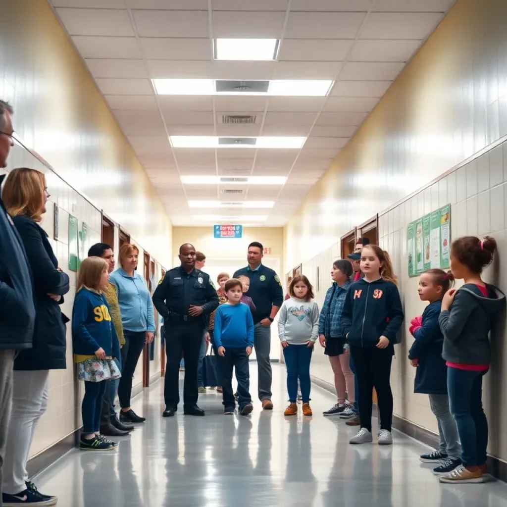 Parents and students in a school hallway discussing safety after a gun incident