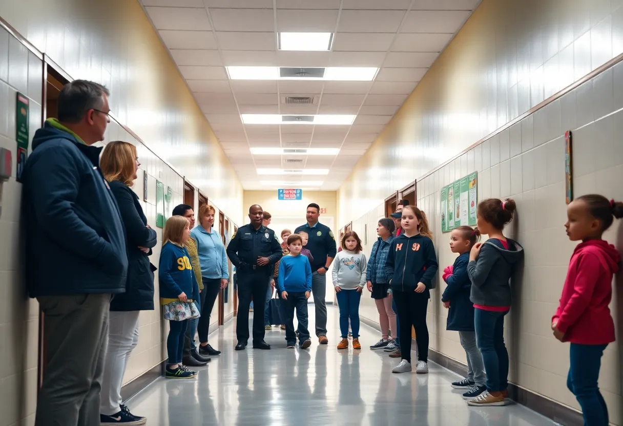 Parents and students in a school hallway discussing safety after a gun incident