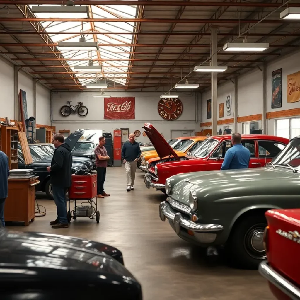 Exterior view of a custom car shop in Huntsville with empty workspaces.