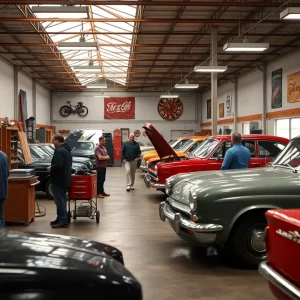 Exterior view of a custom car shop in Huntsville with empty workspaces.