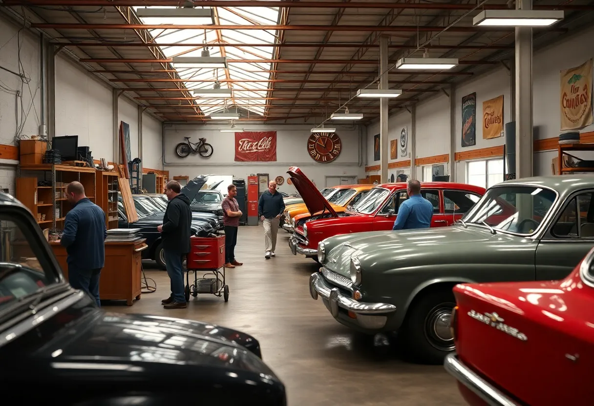 Exterior view of a custom car shop in Huntsville with empty workspaces.