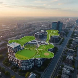 Demolition site of old City Hall in Huntsville with park design plans overlay.