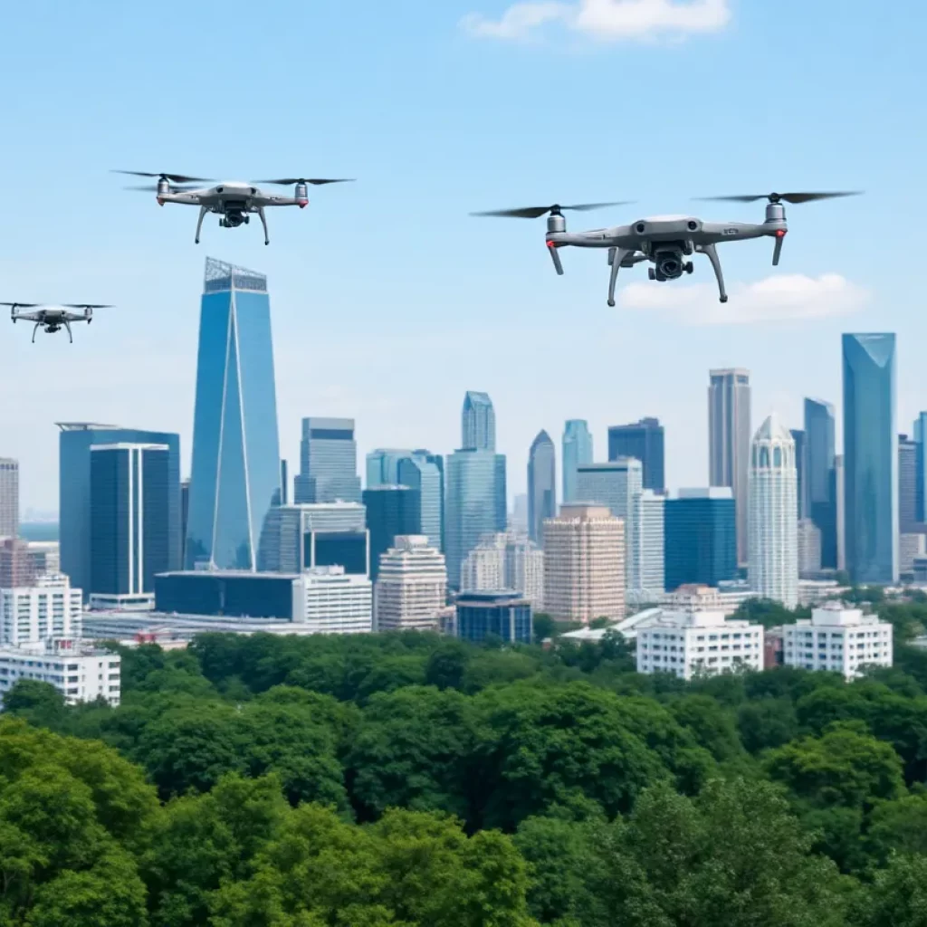Drones flying over Huntsville city skyline showcasing law enforcement innovation