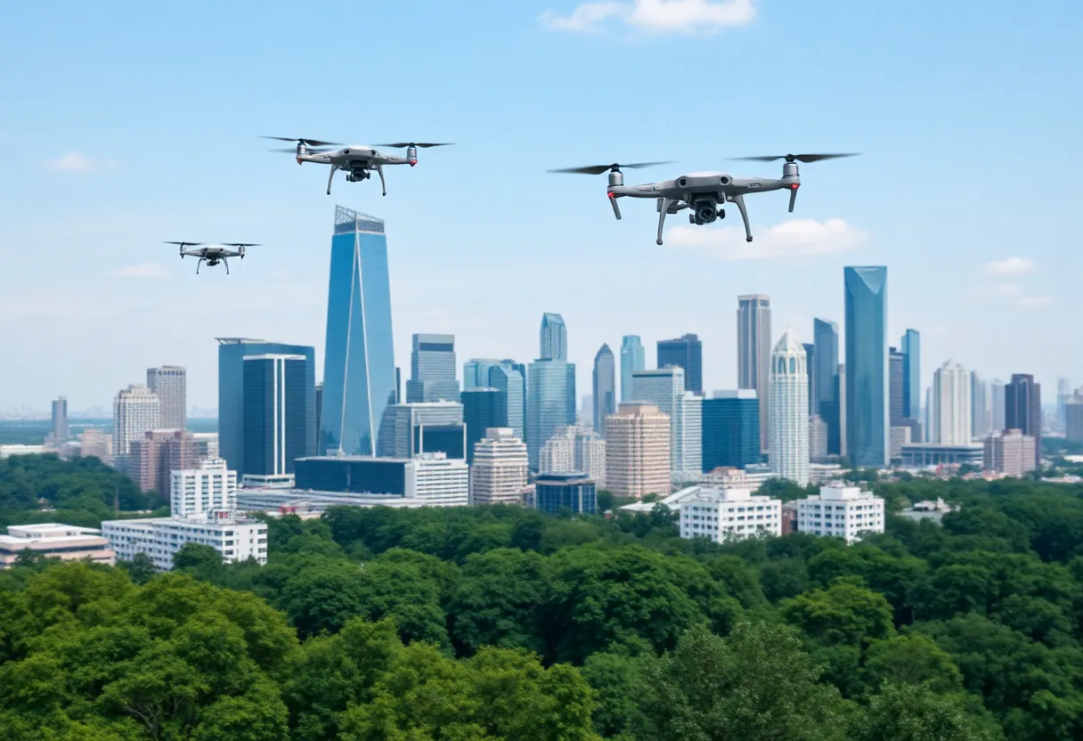 Drones flying over Huntsville city skyline showcasing law enforcement innovation