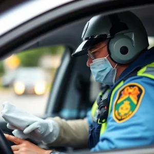 Police officers conducting a traffic stop in Huntsville