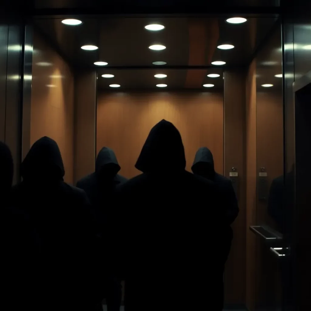 An interior view of an elevator with a tense atmosphere.