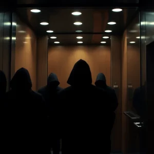 An interior view of an elevator with a tense atmosphere.