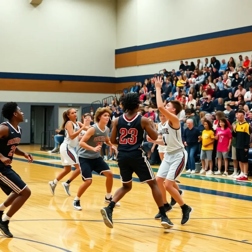 Boys basketball players from Huntsville and Sparkman High Schools competing in a game.
