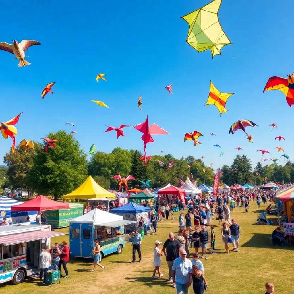 Colorful kites flying at the Huntsville Community Kite Festival with people enjoying outdoor activities.